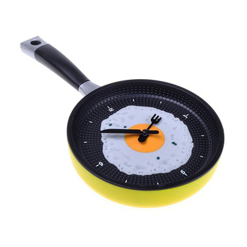Frying Pan Clock with Fried Egg - Novelty Hanging Kitchen Cafe Wall Clock Kitchen - Yellow